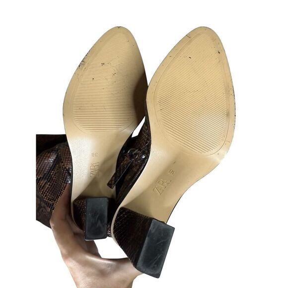 ZARA Snakeskin Print Knee High Boots Block Heel Brown Faux Leather Size US 7.5 - Picture 10 of 10